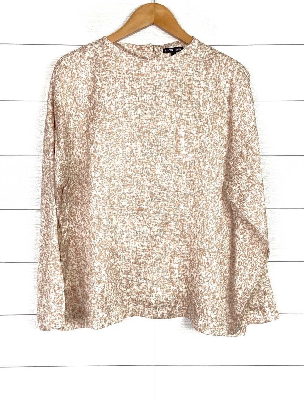 Eileen Fisher Silk Organic Cotton Funnel Neck Box Top Blouse Tan Prism Large